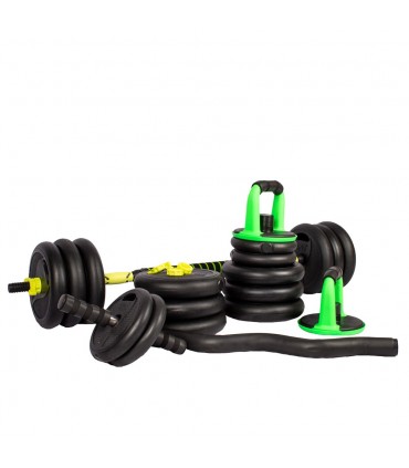 Set 30 Kilos Pesas Mancuernas, Barra Z + R, AB roller  + Guantes