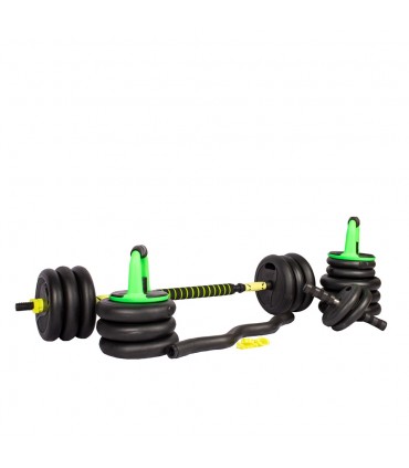 Set 30 Kilos Pesas Mancuernas, Barra Z + R, AB roller  + Guantes