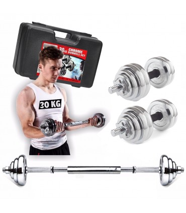 Set De 30Kg Pesas Cromadas + Mancuernas + Adaptador +Maletín